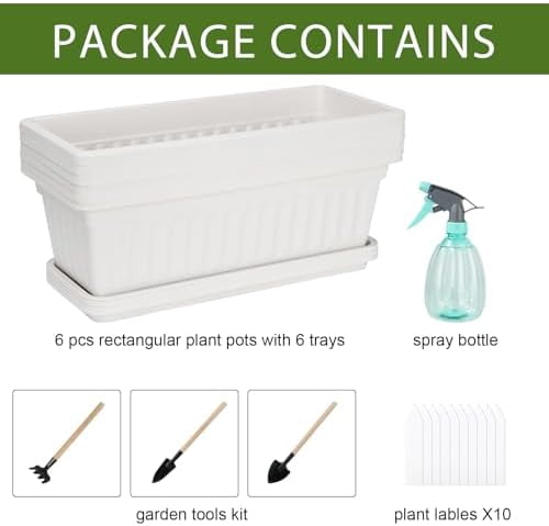 RibRave 6 Pack Window Box Planter, 17 Inches Vegetable Flower Plastic Planter Boxes with Tray, Rectangular Planter Indoor and Outdoor Flower Pots for Windowsill, Patio, Porch, Garden Balcony, White