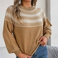 thumbnail image 4 of Lovskoo 2024 Sweaters for Women Long Sleeve Retro Contrasting Cable Knit Lantern Sleeve Pullover Sweater Top Khaki, 4 of 8