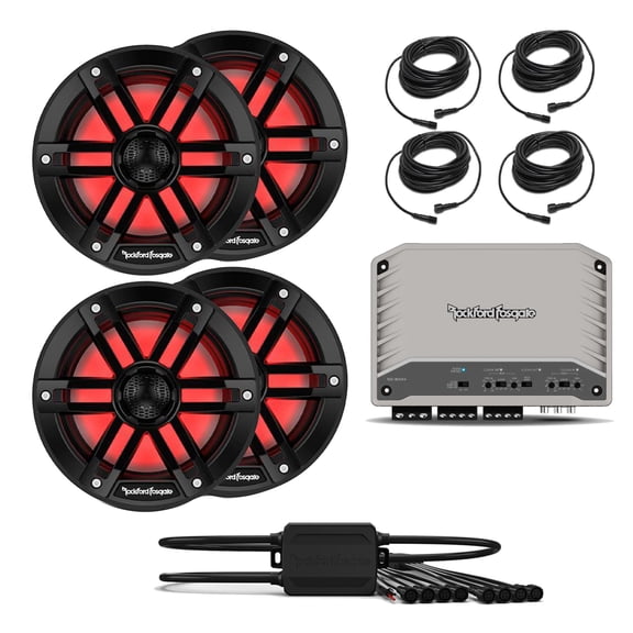 Rockford Fosgate M2-300X4 4 Channel Marine Amplifier with 2 Pairs M1-65B M1 Series 6.5" Marine Black (1) PMX-RGB Optix LIght Controller (4) RGB-25 25' Extension Cable