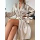 thumbnail image 1 of Solid Color Satin Nightgown, Elegant Long Sleeve V-Neck Dressing Gown with Belt, Women's Sleepwear Khaki Khaki XL, 1 of 5