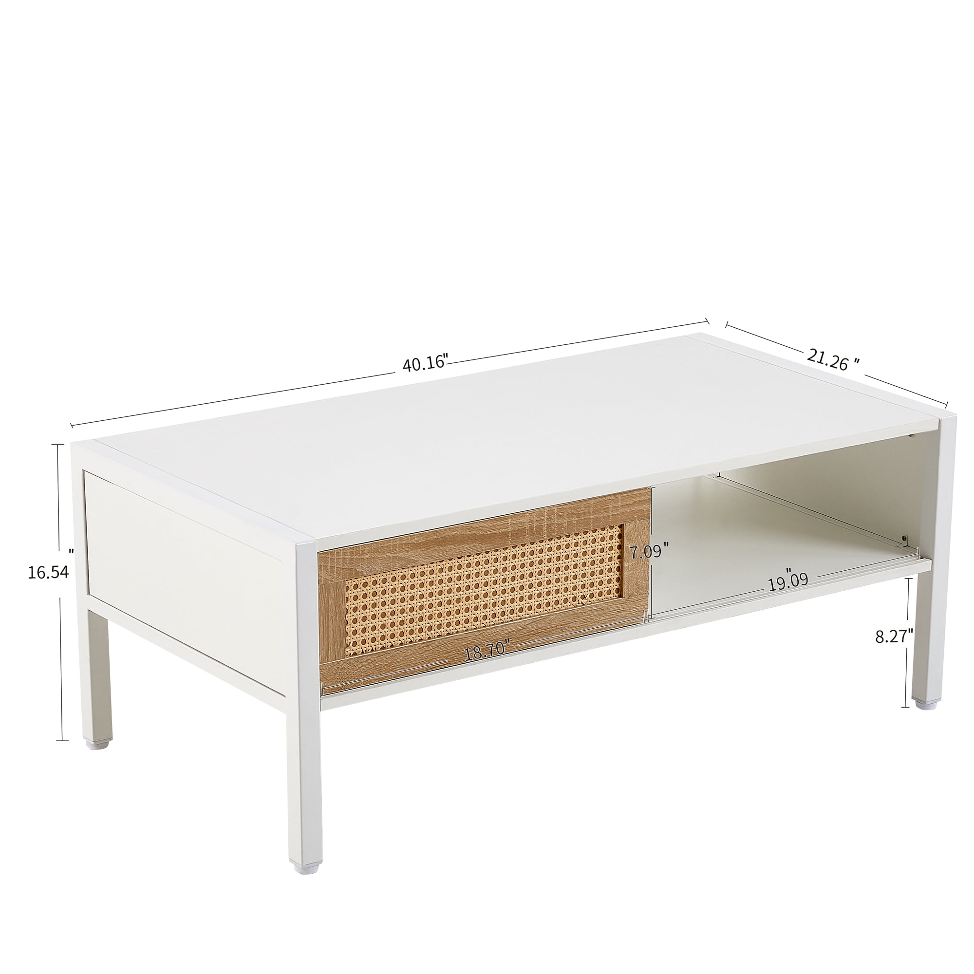 Rattan Coffee Table, Storage Coffee Table, Modern Living Room Table with Sliding Rattan Door, MDF Body and Metal Legs, 220LBS Capacity, 40.16" L x 21.26" W, White