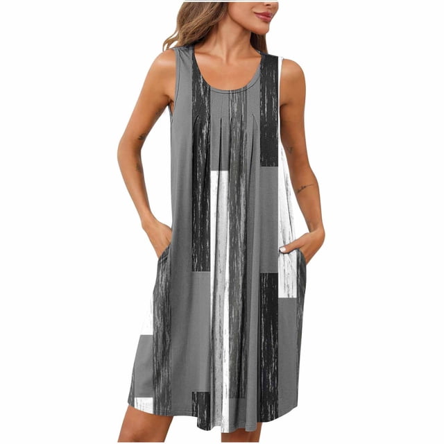 Jgppe Chemise de Nuit pour Femmes Décontractée Imprimée Sans Manches Col Rond avec Poches Plissée