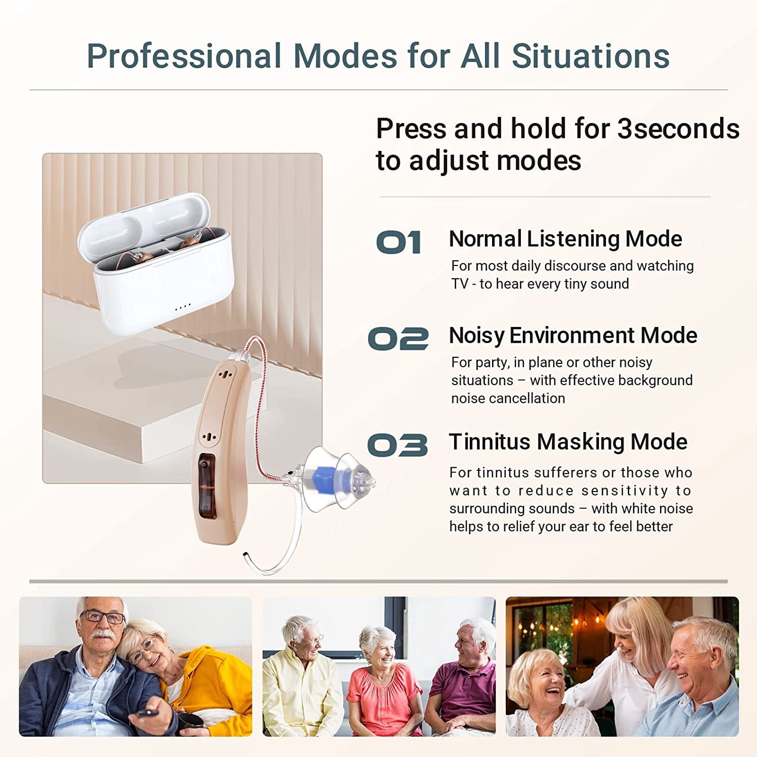 Rechargeable Hearing Aids for Seniors Adults, Advanced Multi Channel Digital BTE Hearing Assist, with Recycle Charging Case for 125 Hrs Backup Power, Auto-On/Off, Pair,