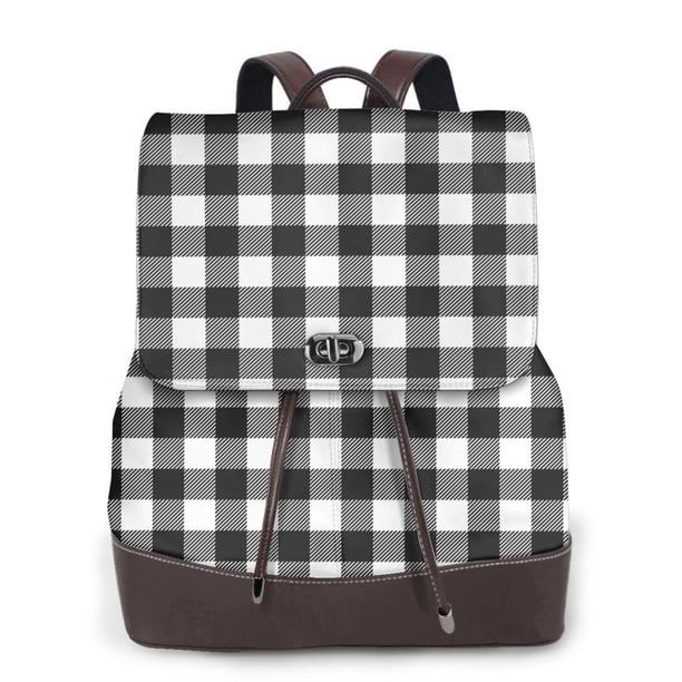Balery Black White Plaid Mochila de Cuero para Mujeres, Gran Capacidad, Bolsa de Viaje Multifuncional, Mochila de Cuero y Bolsa de Hombro para Mujeres