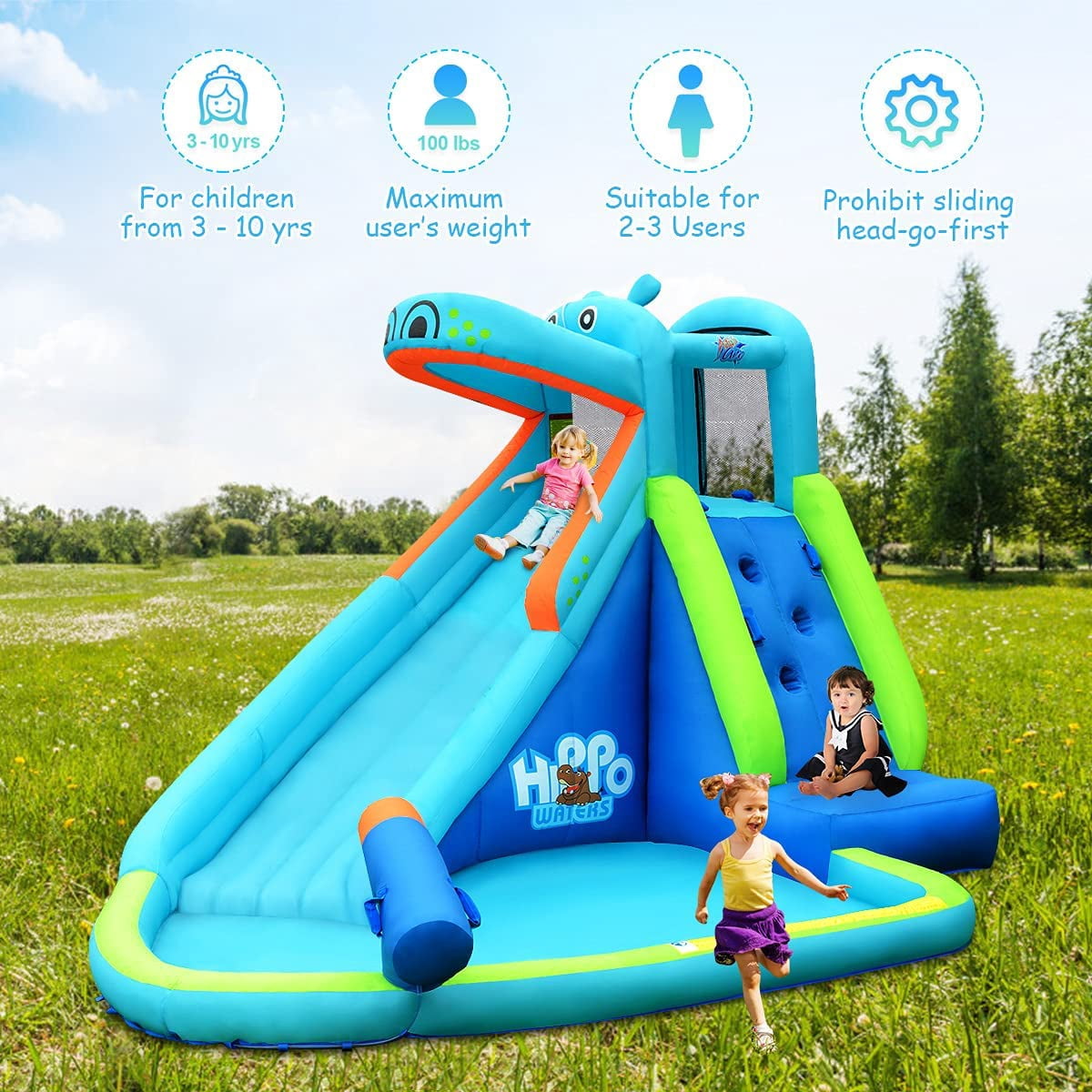 OLAKIDS Inflatable Water Slide, Hippo Themed Bouncer Castle with Slide, Splash Pool, Climbing Wall, Water Blaster, Kids Outdoor Water Park with Hose, Carry Bag, Blower