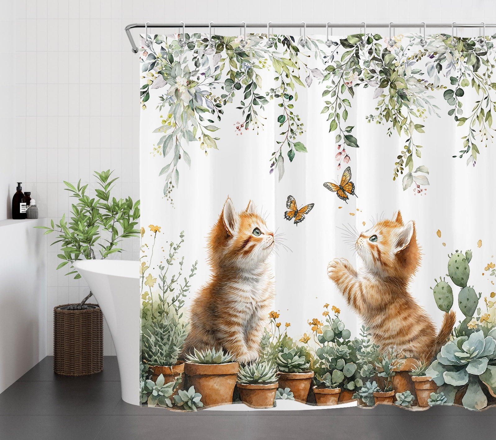 Cat Shower Curtain Cat Fluttering Butterfly Green Leaf Plants Bathroom Shower Curtain Funny Spring Home Decor Waterproof Durable Shower Curtain Accessories with 12 Hooks 72x78 Inches
