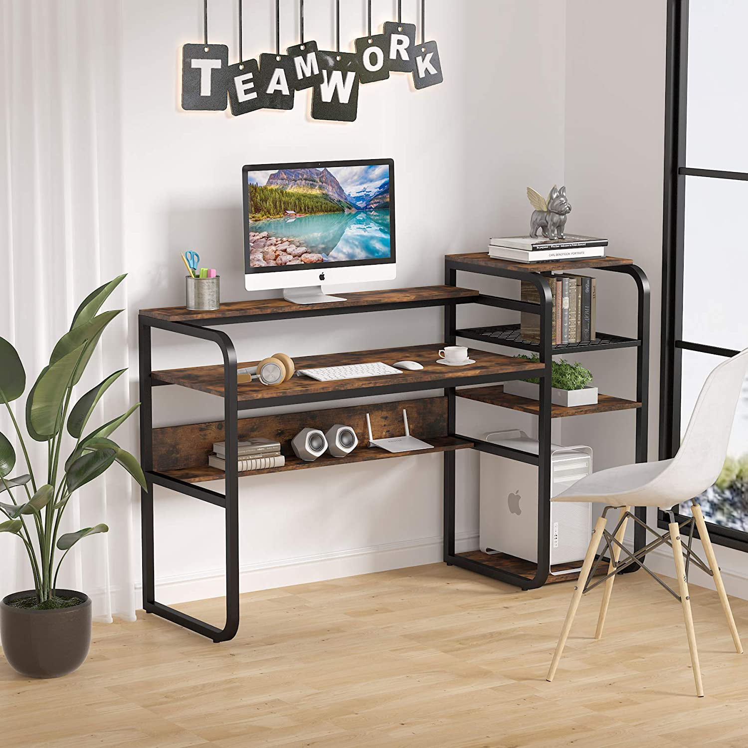 Tribesigns Computer Desk With Bookshelf Modern 57 Office Desk With