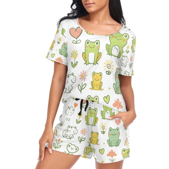 ALAZA Cartoon Frog Floral Women's Pajama Set Short Sleepwear Loungewear with Pockets M