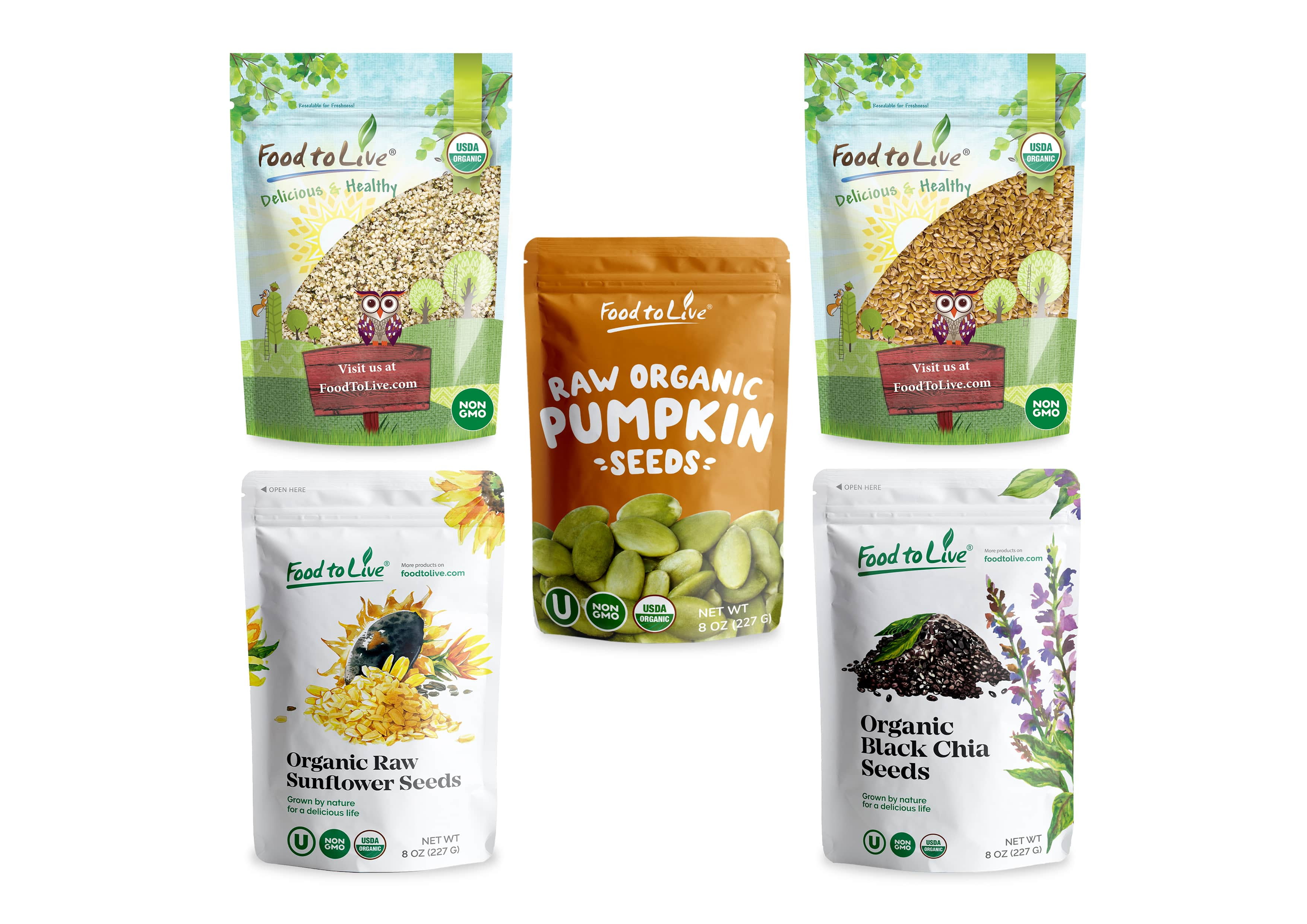 Organic Omega-3 Seeds in a Gift Box - A Variety Pack of Sunflower Seeds, Pumpkin Seeds, Chia Seeds, Golden Flax Seeds, and Hemp Seeds ? by Food to Live