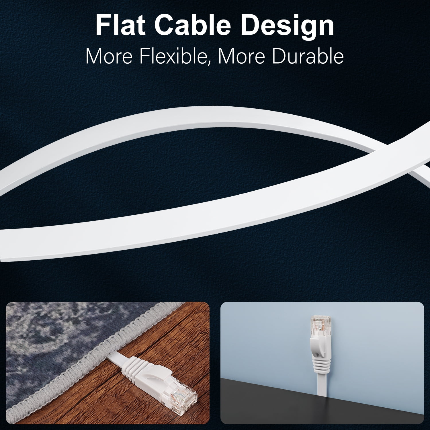 J&D 150 ft Flat Cat6 Ethernet Cable for Internet, Streaming, Gaming, White