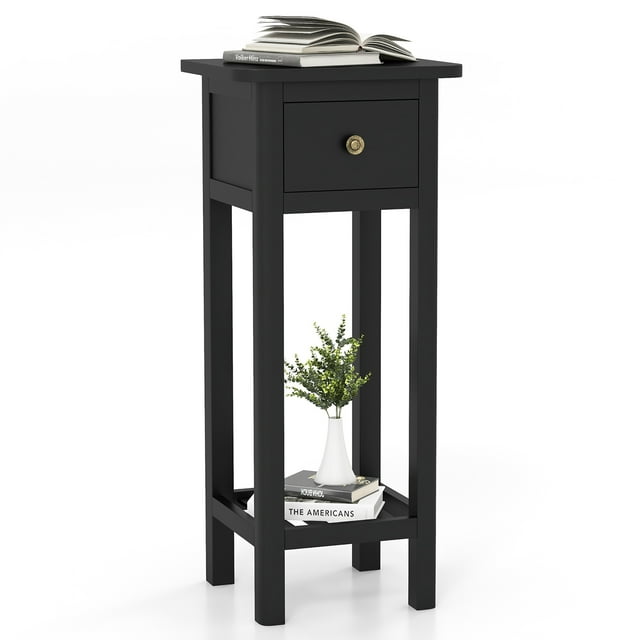 Gymax Solid Wood Side Table Rectangular Sofa Side Table w/ Acacia Wood Top Telephone Table Black