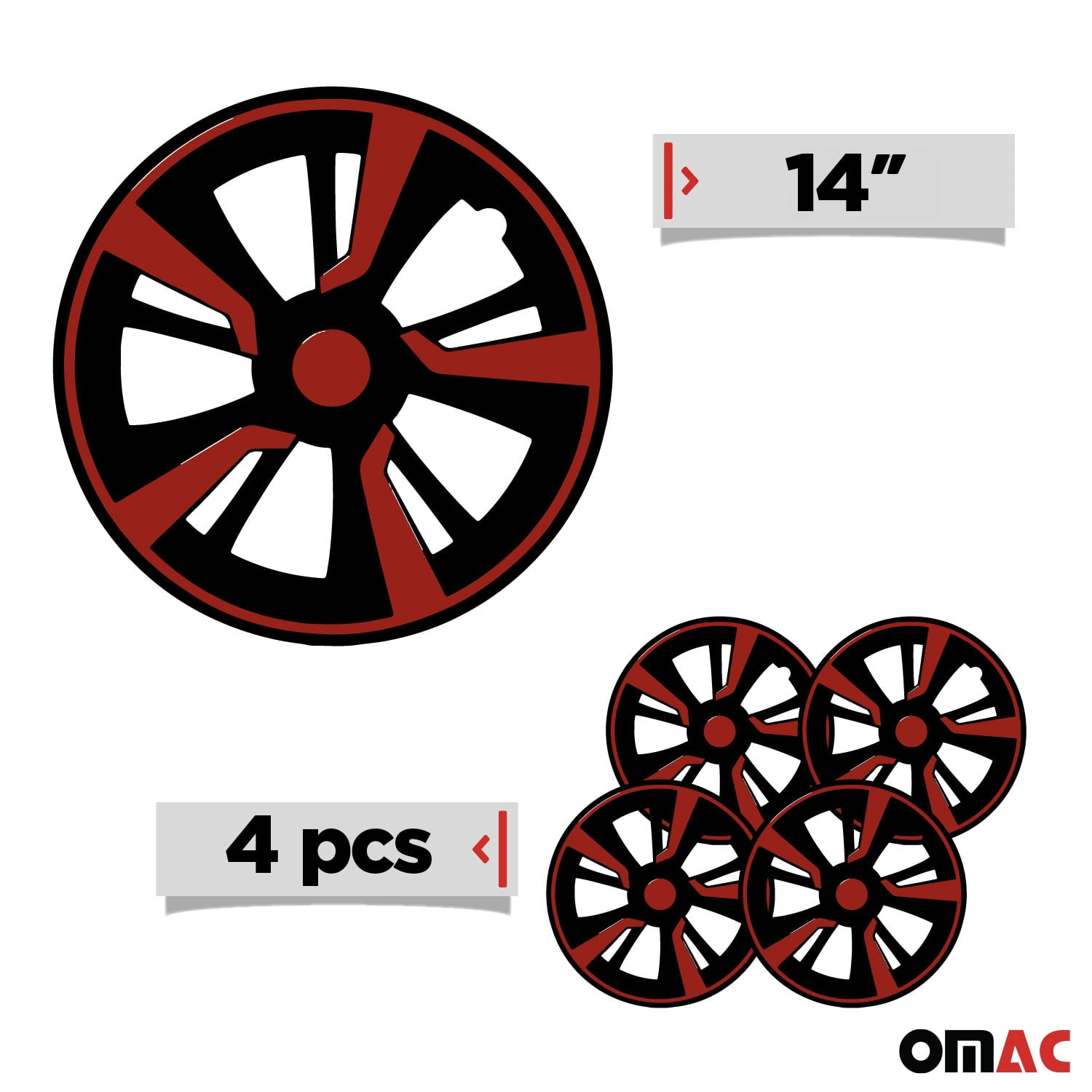 OMAC 14" Wheel Covers Black & Red 4 Pcs Hub Caps Set fits R14 Tire Steel Rim