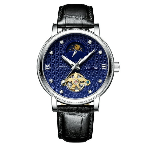 TEVISE TEVISE Montre Mécanique Automatique pour Homme T612 avec Affichage des Phases de la Lune, Bracelet en Cuir Lumineux, Résistant à l'Eau, Boîtier Blanc, Cadran Bleu, Style Décontracté à la Mode.