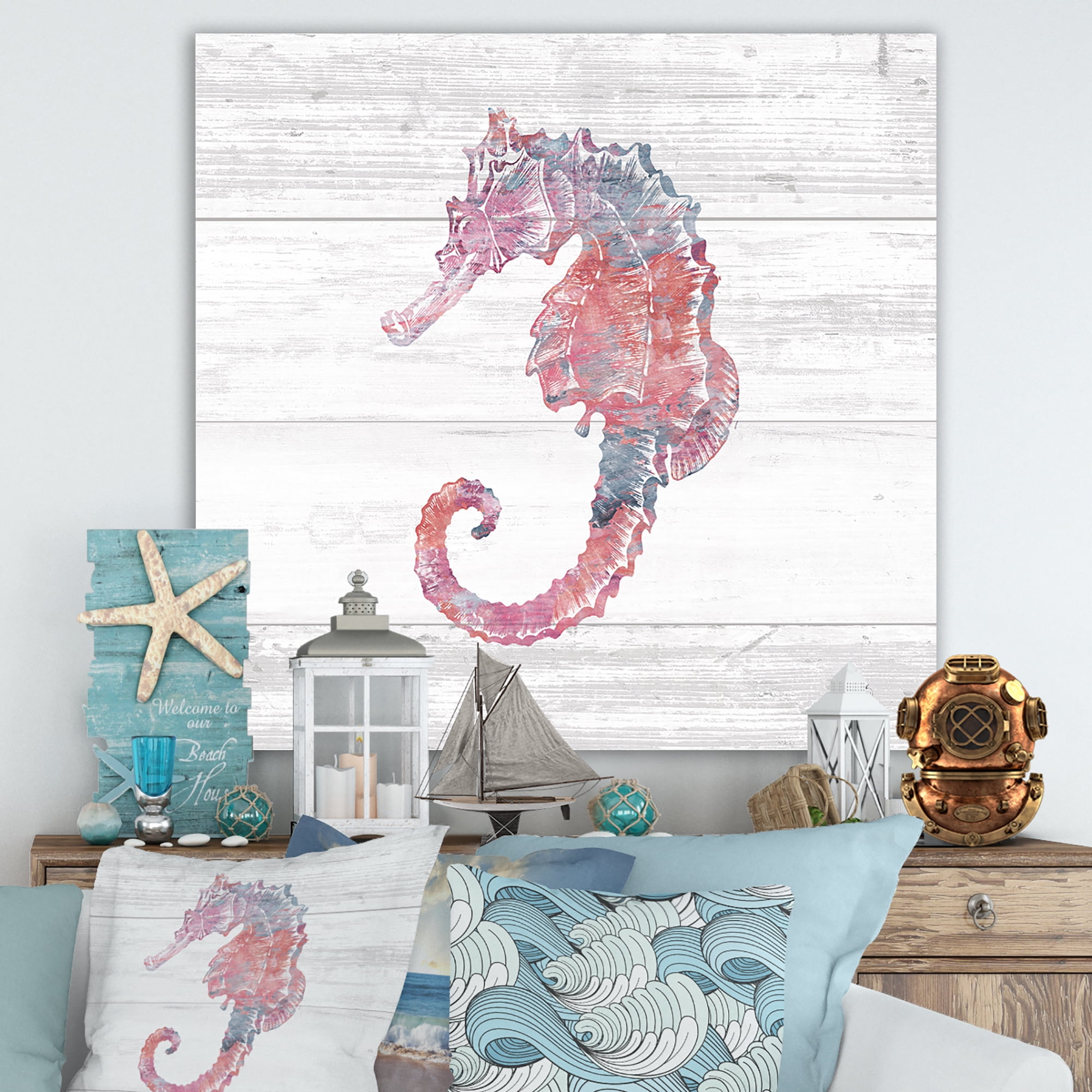 Designart 'Pink seahorses Ocean Life' Nautical & Coastal Premium Canvas Wall Art