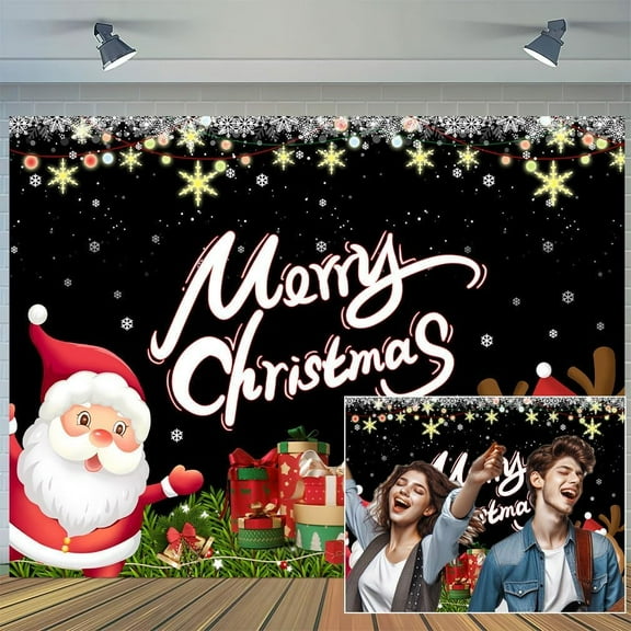 4 x 4 ftMerry Christmas Backdrop Decorations, Winter Santa Claus Snowflake Reindeer Banner Indoor for Xmas Holiday Party Photo, Decoration Supplies for Home School Office Photo Booth Portrait Props