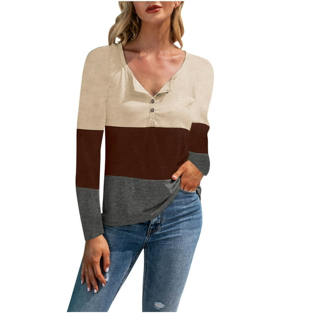 Timegard Womens Top Notched V-Neck Button Long Sleeve Color Block Tee Shirts Fall Casual Comfy Tops