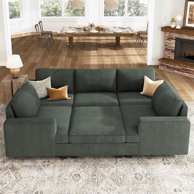 HONBAY Canapé Sectionnel avec Ottomane de Rangement, Sofa Sectionnel en Velours Côtelé avec Méridienne pour Ensembles de Meubles de Salon, Vert