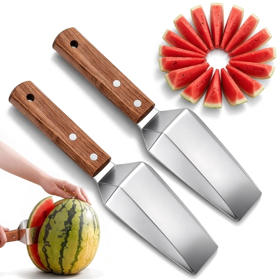 2Pcs Stainless Steel Watermelon Slicer, Triangle Fruit Cutter with Wooden Handle, Multi-Fruit Slicing Tool for Watermelon, Cantaloupe, Honeydew, Apples, and More