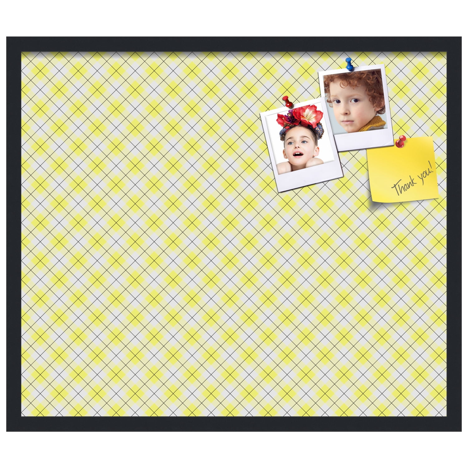 PinPix ArtToFrames 26x22 Custom Cork Bulletin Board Argyle Bright Yellow   Poster Board Has a Fabric Style Canvas Finish, Framed in Satin Black (PinPix-647)