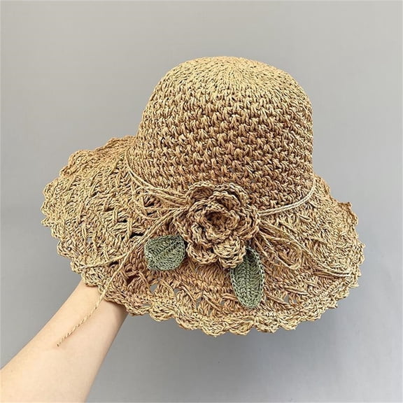 WCJM FemaleElegant Crochet Hat With Ruffle Detail Womens Hats For Summer Beach Wide Brim Sun Hat Khaki
