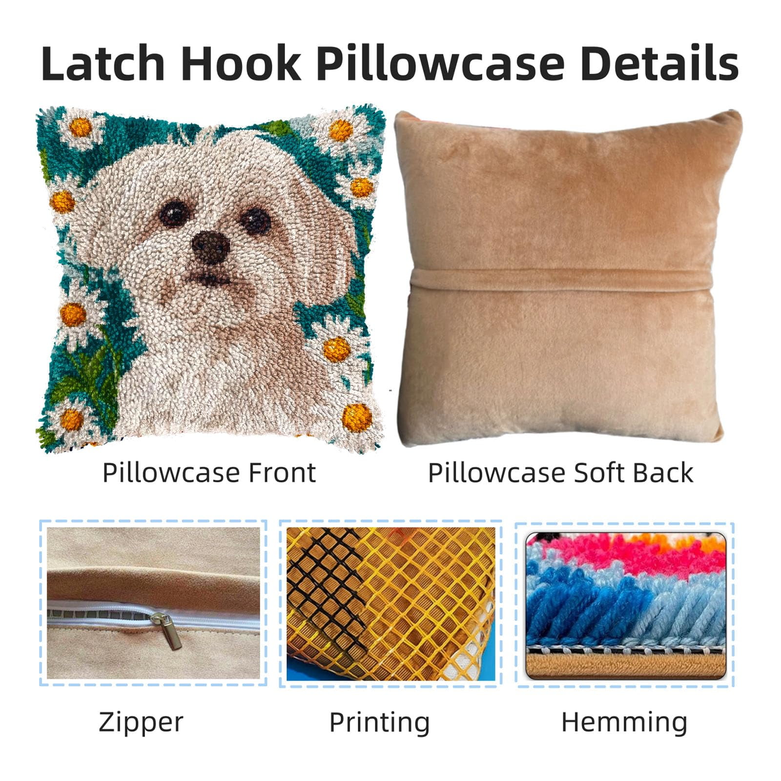 DIY Latch Hook Pillow Kits for Adults Cute Maltese Dog in Daisy Flowers Printed Pillowcase Crochet Yarns Hooking Handmade Pillow Cover Cushion for Home Sofa Decor 17x17inch(4)