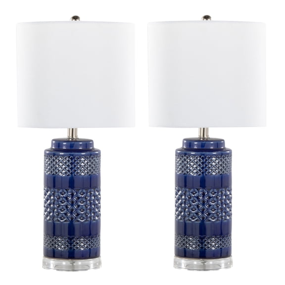 LumiSource Casa 21" Ceramic Table Lamp w/ Cylindrical Base & Linen Shade (Set of 2) Glossy Navy Ceramic/White Shade