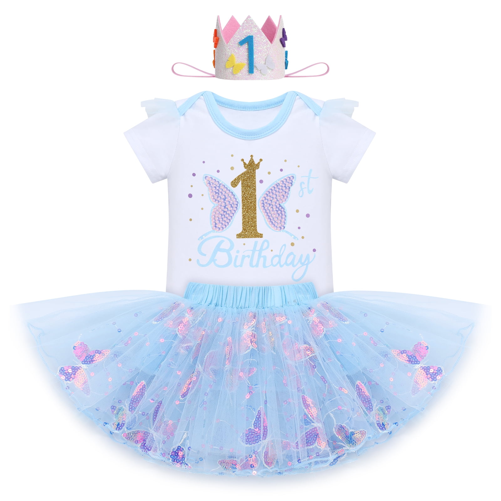 IBTOM CASTLE Baby Girl 1st Birthday Outfit Sequin Butterfly Romper Tutu  Skirt Headband Clothes for Cake Smash Photo Shoot 1 Year Blue Butterfly 