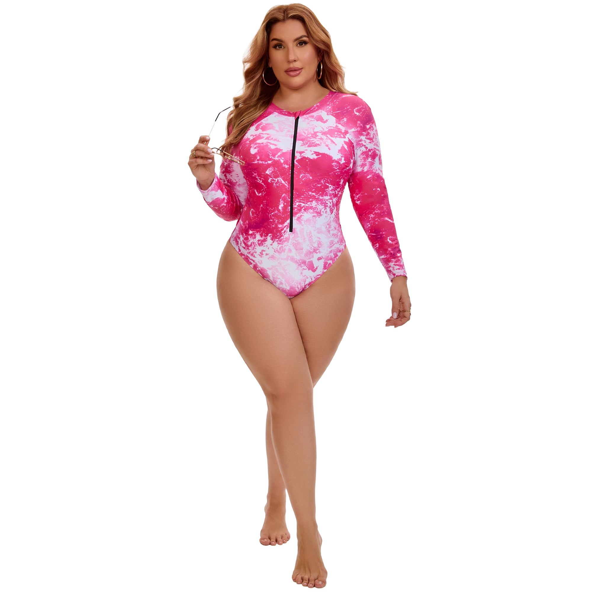 DARING DIVA Women's Plus 1 Piece Surfing Long Sleeve Swimwear L Hot Pink