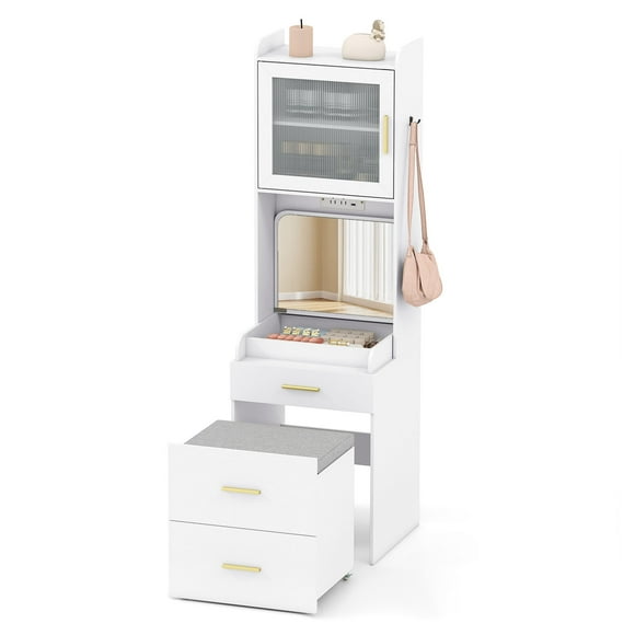 Gymax Makeup Vanity w/Flip-top Mirror Power Outlets & Hidden Storage Stool Drawers