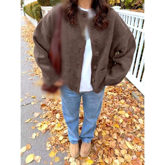 Women's Brown Y2K Style Solid Color Round Neck Single Button Long Sleeve Knit Sweater, Elegant Casual Daily Spring Autumn Winter Top Fall