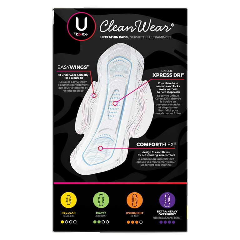 U by Kotex CleanWear Ultra Thin Feminine Pads with Wings, Regular,  Unscented, 36 Count (Pack of 3)