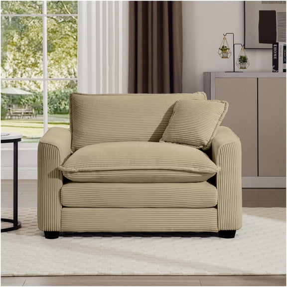 Tan Corduroy Single Chair Sofa with Pillow, Deep Seat Accent Chair for Living Room, Bedroom, and Club
