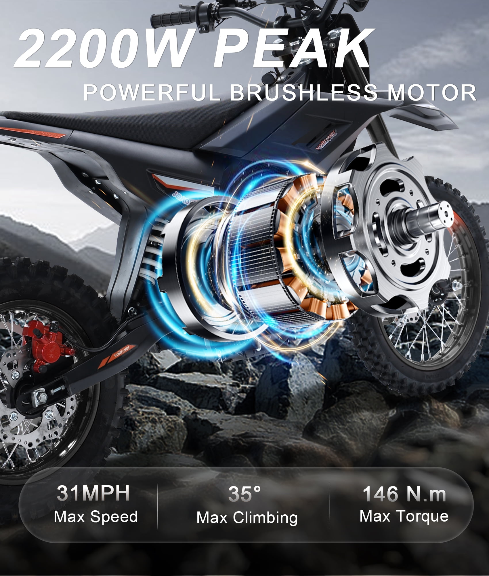 Electric Dirt Bike for Adults & Teens 13+, 2000W Off-Road Electric Motorcycle, 48V 21Ah Removable Battery, 37MPH Fat Tire E Dirt Bike with Hydraulic Brakes, Family Trail Riding Gift-Black