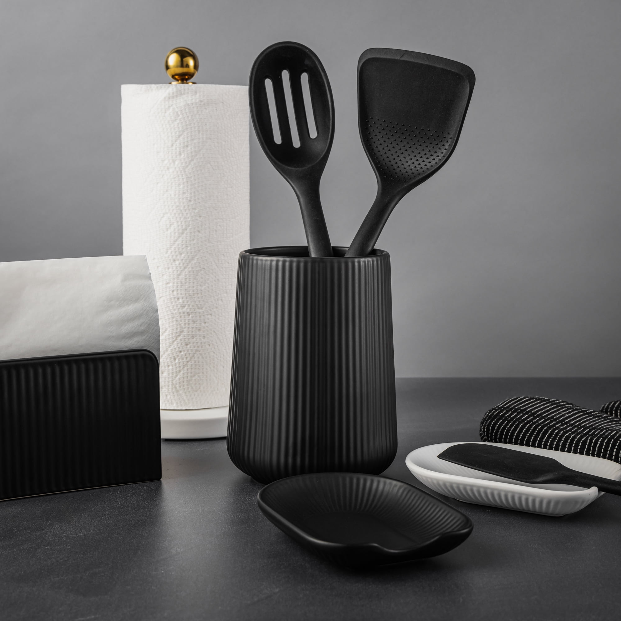 Thyme & Table 6.2" Ribbed Ceramic Kitchen Utensil Holder, Black