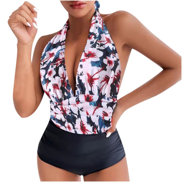 Bikini sin espalda con estampado de bloques de color cómodo para mujer, traje de baño de una pieza, conjunto de ropa de playa OAVQHLG3B Store lin121212
