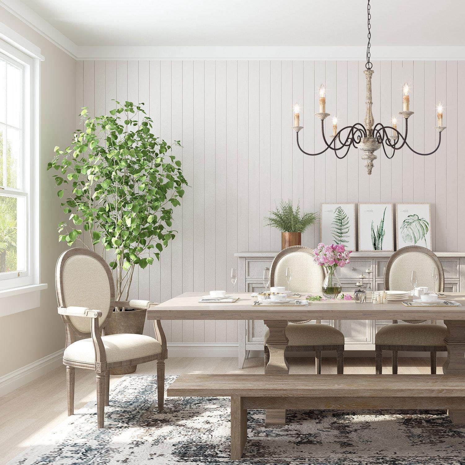 LNC 6-Light Bronze French Country Wood Chandelier Lighting Fixtures for Dining Room, Off-White
