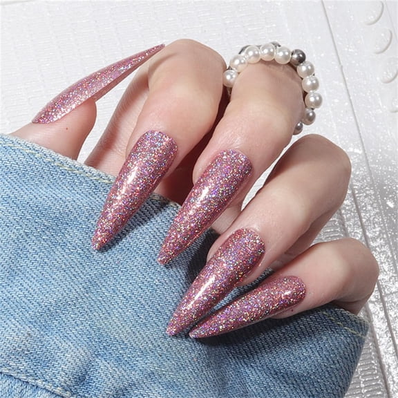 Press on Nails Stiletto Long Almond Acrylic Fake Nails with Exquisite Glitter Design Glue on Glossy Full Cover Artificial False Stick on Nail for Girls Women Wedding Manicure 24Pcs -A10 Exquisite