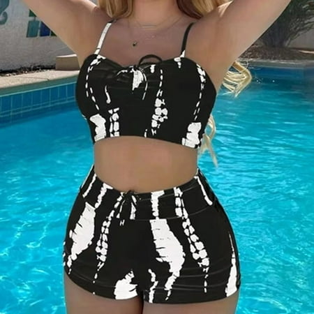 IDALL Bikini Sets Bathing Suit Women s Sling High Waist Flat Angle Lace Printed Split Swimsuit Suit High Waisted Bikini Sets Womens Swimwear Black XL