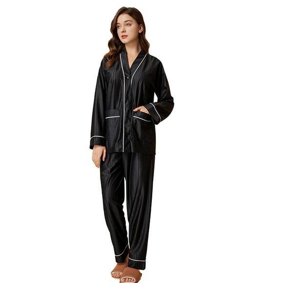 TSADFHJI Short Silk Robes for Women Women's Solid Color Long Sleeved Thin Absorbing and Breathable Casual Wear Set M Black