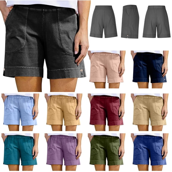 QATAINLAV Linen Shorts for Women, Shorts for Women Summer Casual Cotton Linen Shorts Loose Athletic Elastic High Waisted Shorts Trendy Solid Color Beach Short Pants with Pockets, Black, S