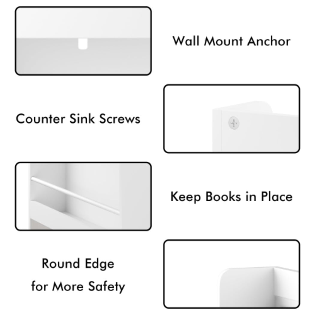 Wall-Mounted Kids Bookshelf, 3-Tier Front-Facing Book Display Rack with Natural Wood Base, Slim Space-Saving Bookcase for Toddler Bedroom, Nursery & Playroom, White