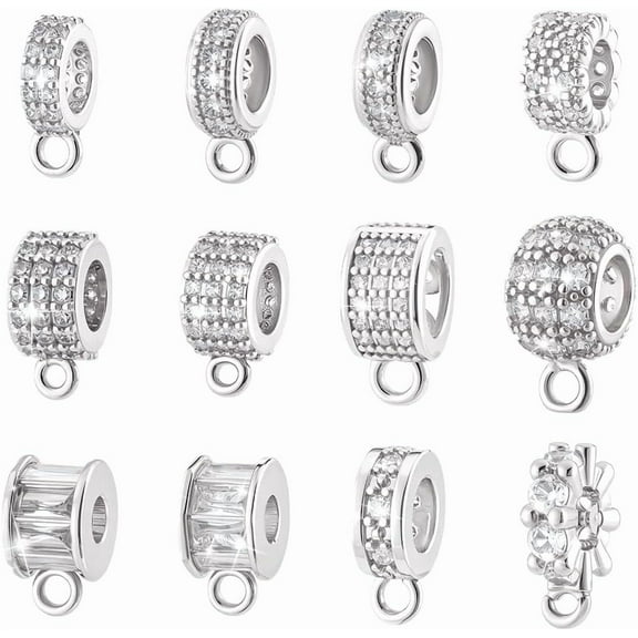 12 Styles Spacer Bail Bead Hanger Silver Rhinestone Bail Beads with Charm Loop Cubic Zirconia Bails Connectors
