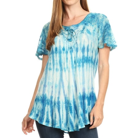 

Sakkas Donna Women s Casual Lace Short Sleeve Tie Dye Corset Loose Top Blouse - 19214-Turq - One Size