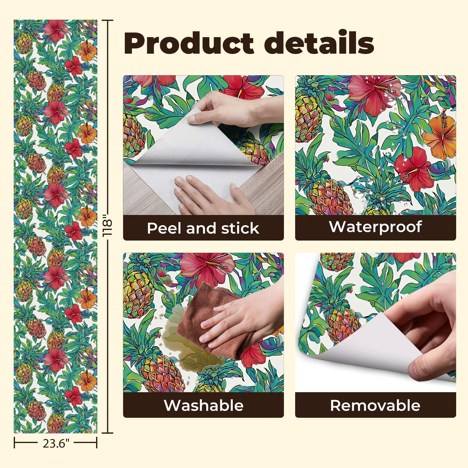 Peel and Stick Wallpaper Colorful Tropical Pineapple Hibiscus Floral Wall Mural 23.6in x 9.8ft Self Adhesive Removable Wall Paper Renter Friendly Wallpaper for Nursery Bedroom Cabinets