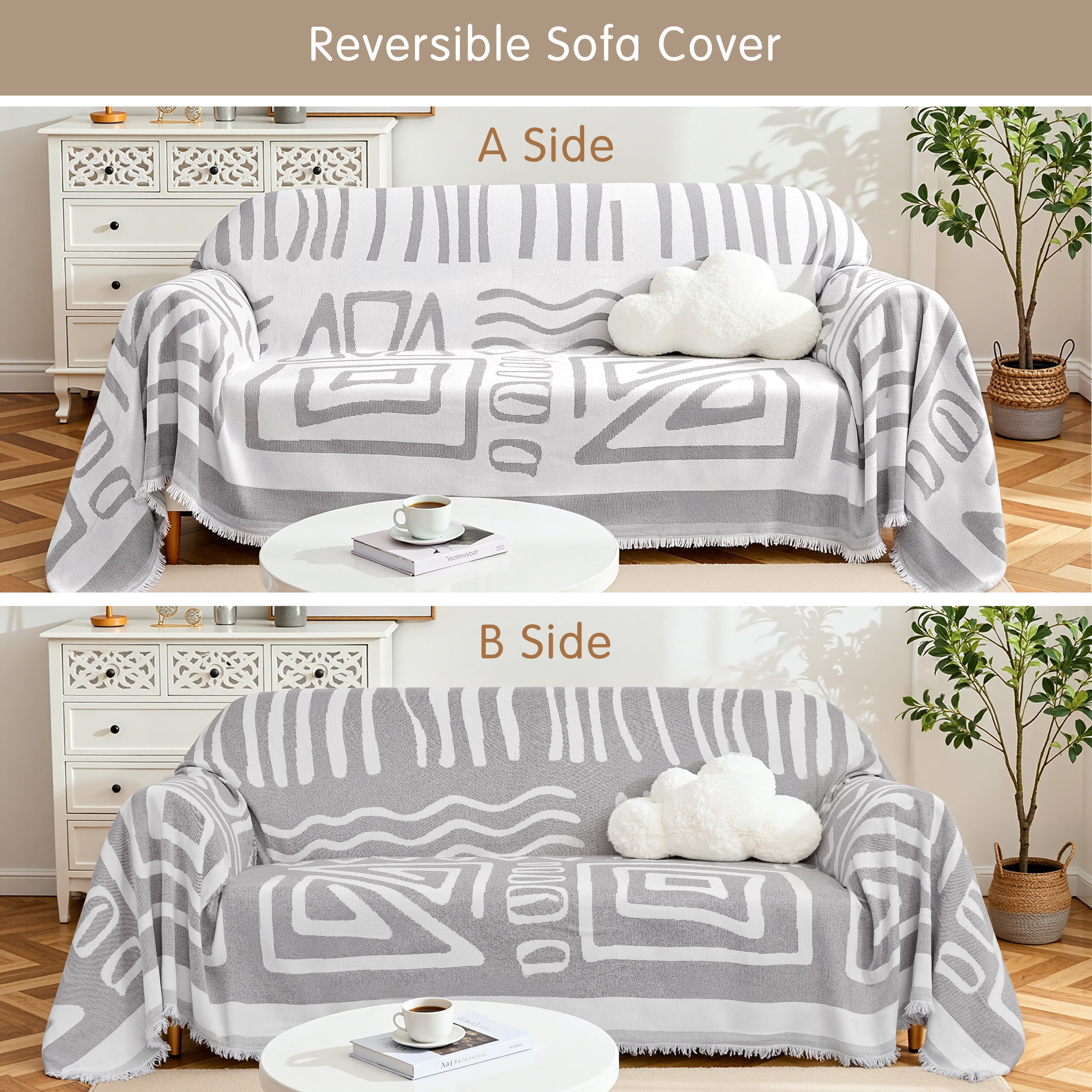 Dyfun Boho Reversible Loveseat Cover - Pet-Proof Chenille Sofa Protector & Decorative Throw for 2-Cushion Couches, 71"x118"