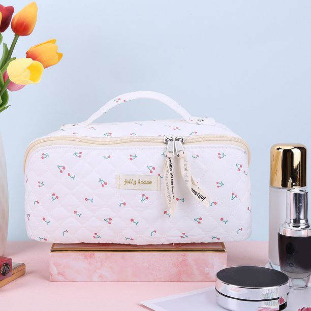 Neceser de algodón de gran capacidad, bonito bolso de maquillaje con diseño de cereza/floral para mujeres y niñas