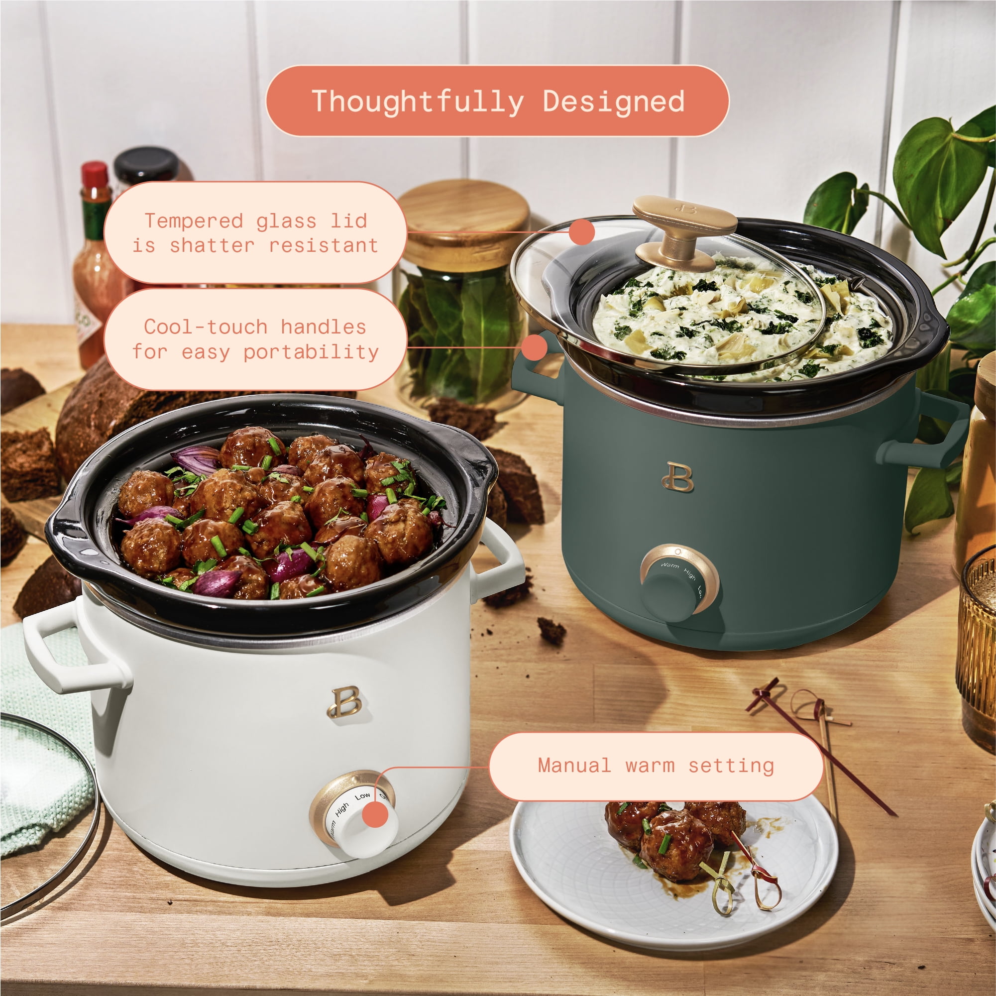 Beautiful 2-Pack 2qt Slow Cooker, Thyme Green, White Icing by Drew Barrymore