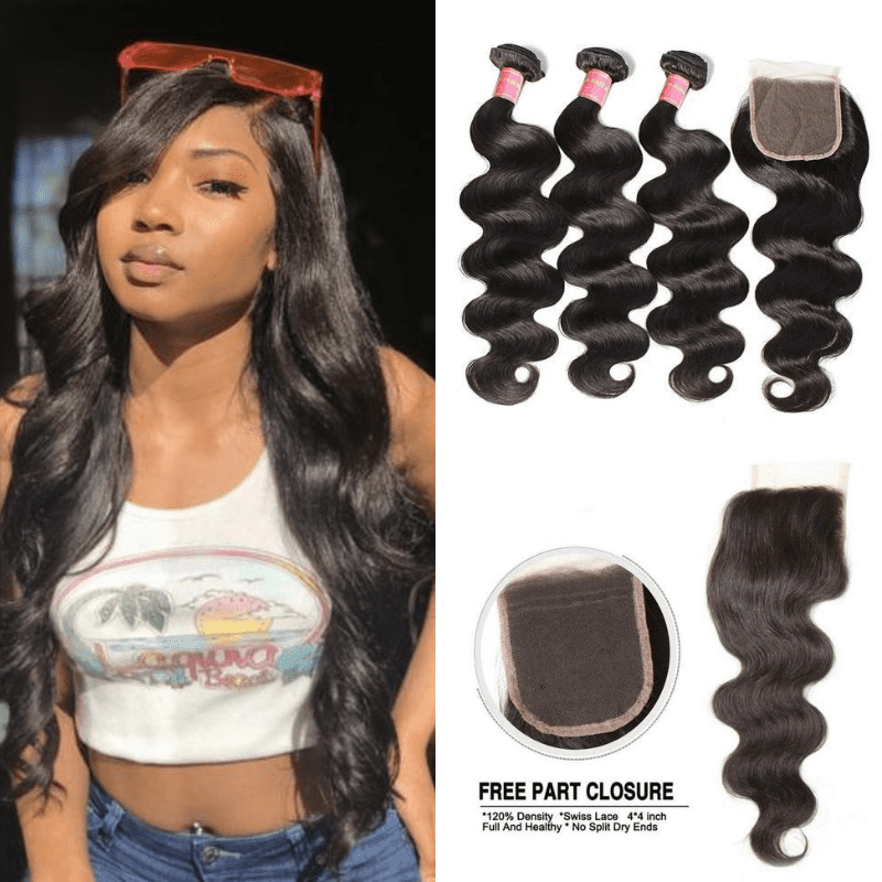 Brazilian Virgin Loose Wave Hair 3 Bundles 100% Unprocessed Remy Human Hair Weave Bundles with Free Part 4x4 Closure Natural Color 22”24“26" - Closure 22"
