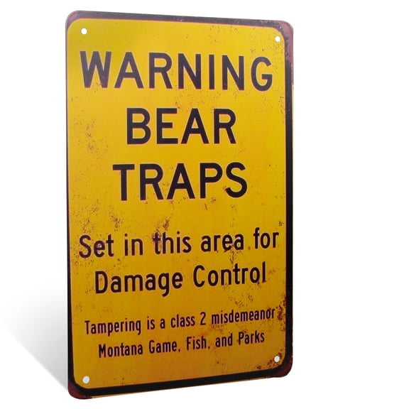 Warning Bear Traps Set Area Sign Metal Outdoor Decor Yard Hunting Gifts for Men