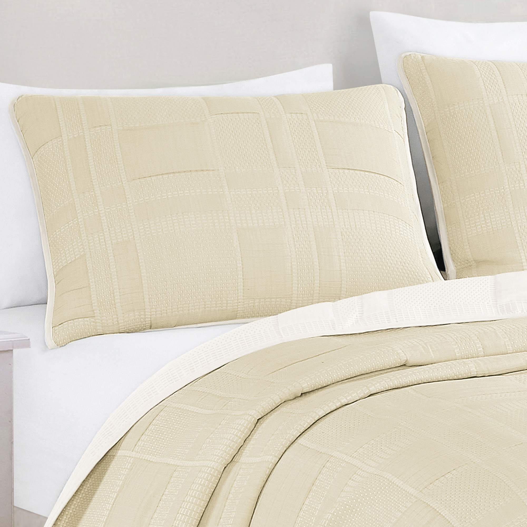 Beige Grid Texture 3-Piece Reversible Quilted Bedspread Set,King